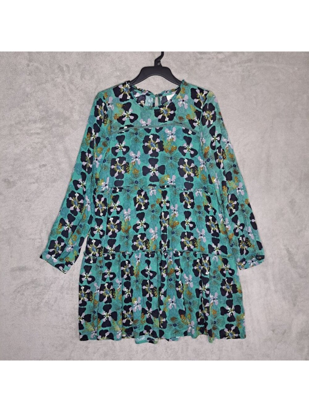 Knox Rose Small Floral Green Dress Blue Boho Style Long Sleeve Round Neck